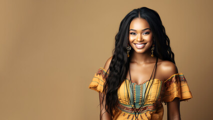 Native African resident girl in dashiki traditional costume cloth, Smiling woman, diversity multicultural concept