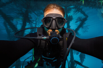 Wall Mural - selfie of a scubadiver in tropical water