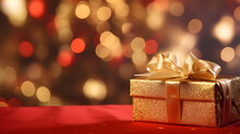 Gift Wrapped Gold Present With Blurred Festive Background. Copy Space For Holiday Marketing Or Seasonal Blog Posts.