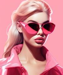 Poster - a woman wearing pink sunglasses with her hair pulled up and looking at the camera she is wearing a pink leather jacket