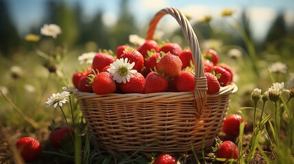 Wall Mural - Strawbery field basket fresh picked berries