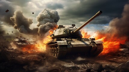 a armored tank shooting of a battle field in a war. bombs and explosions in the background. fire smo
