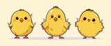 Fototapeta Pokój dzieciecy - Set of cute yellow little cartoon chick isolated on background. Funny farm bird design, cartoon or comic style, logo, card. Vector Illustartion. Hand drawn. Funny characters. 