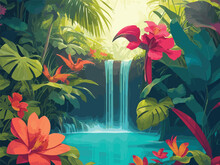 Create A Detailed Vector Scene Showcasing A Secret Oasis In The Heart Of A Tropical Jungle, With A Tranquil Waterfall Surrounded By A Symphony Of Exotic Flowers, Their Colors Echoing The Vibrant