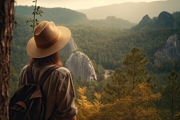 Wall Mural - a woman wearing a straw hat looking out over the mountains in zhangshan national park, hunan province, china