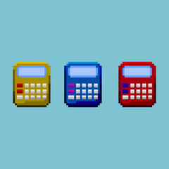 Poster - Pixel art sets of calculator with variation color items asset.Yellow,blue,and red calculator on pixelated style.8bits perfect for game asset or design asset element for your game design asset.