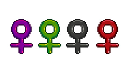 Poster - Pixel art sets of female sign with variation color items asset. purple,green,black,and red girl sign on pixelated style.8bits perfect for game asset or design asset element for your game design asset.