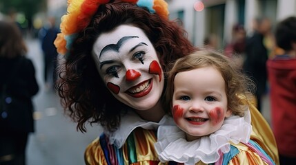 Poster - a woman and her child dressed as clowns at the annual festival in london, england on october 11, 2012