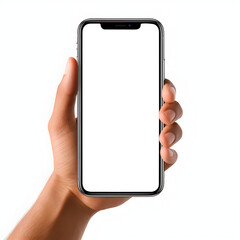 3D Mockup Hand holding smartphone transparent screen cutout on white background. PNG file. Copy text space.