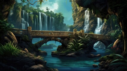 Wall Mural - amazing view old bridge in forest waterfall painting illustration 