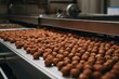 some chocolates being made on a convey in a factory, as seen from the top down to the bottom