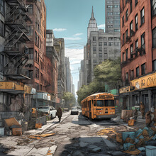 View Of Destroyed New York City, Post Apocalypse After World War Or Natural Disaster In Cartoon Anime Style
