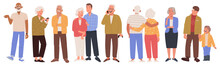 Aged People. Seniors Together, With Grandchildren And Children, An Elderly Man And Woman Use Phones And Communicate. Grandparents In Full Growth