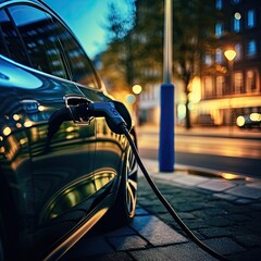 Wall Mural - an electric car charging on the side of the road at night, with street lights in the background and blue sky