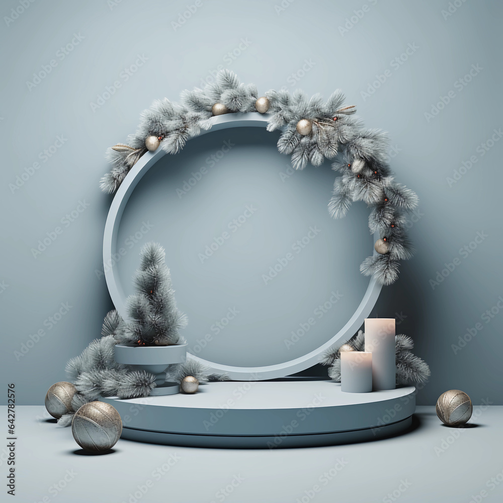3D podium display and pine tree, Christmas tree with snow and modern ...