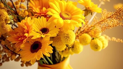 Wall Mural - yellow flowers in a vase on a brown background with copy - up text that reads how to make your own happy