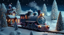 Miniature Steam Train In The Snow With The Christmas Tree On The Behind