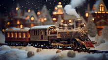 Miniature Steam Train In The Snow With The Christmas Tree On The Behind