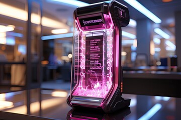 Wall Mural - an electronic device sitting on top of a black table with pink light coming through the screen and t
