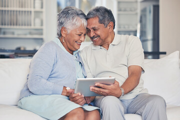 Sticker - Happy, tablet and senior couple streaming movie or show with love, care and bonding in home living room together. Couch, app and elderly people relax and watching a subscription service on retirement