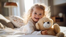 A Cute Girl Playing With A Teddy Bear. Generative Ai.