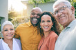 © Charlize Davids/peopleimages.com - Happy, selfie portrait or senior parents in garden bonding in Brazil with love or care in retirement. Interracial relationship, mature mother or face of father with family in home backyard on holiday