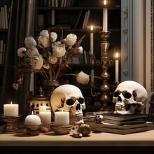 Some Skulls And Candles On A Table With Flowers In Vases, Candle Holders And Books Around The Table Are White Roses