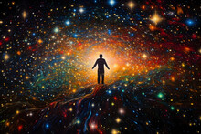 A Man Drifting In A Colorful Sea Of Stars, Symbolizing The Profound Connection Between The Individual And The Universe