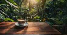 Coffee Mug On Desk In Plantation Coffee Background, Generated By Ai.