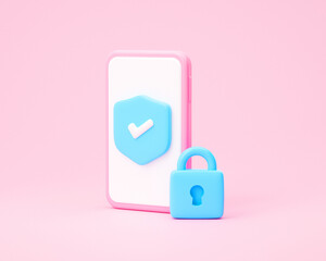 Poster - mobile security concept. shield covering smartphone from virus attacks, reliable protection. 3d rend