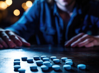 Wall Mural - Young drug user staring at blue oxycodon pills on a table