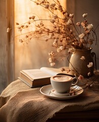 Wall Mural - a cup of coffee and an open book on a table in front of a window with sunlight streaming through the glass