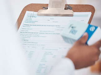 Poster - Prescription document, pharmacist or hands with medicine pills, supplements products or medical drugs. Healthcare paper, info or closeup of doctor with box for pharmacy checklist or record history