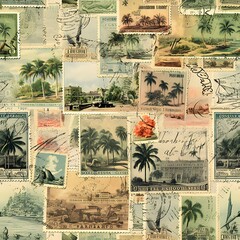 Arrange vintage postcard images and stamps in a collage style seamless pattern for nostalgic, eclectic look. seamless pattern with postage stamps  in retro style