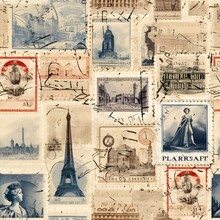 Arrange Vintage Postcard Images And Stamps In A Collage Style Seamless Pattern For Nostalgic, Eclectic Look. Seamless Pattern With Postage Stamps  In Retro Style