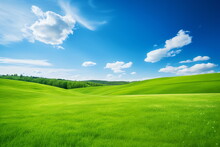 Sky And Grass Background, Fresh Green Fields Under The Blue Sky In Spring
