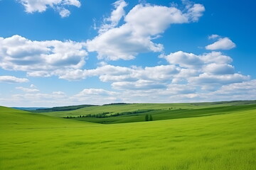 Wall Mural - Sky and grass background, fresh green fields under the blue sky in spring