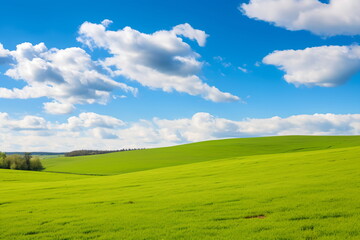 Wall Mural - Sky and grass background, fresh green fields under the blue sky in spring