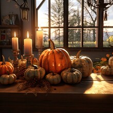 Pumpkins And Pine Cones On A Table In Front Of A Large Window With The Sun Shining Through The Windows