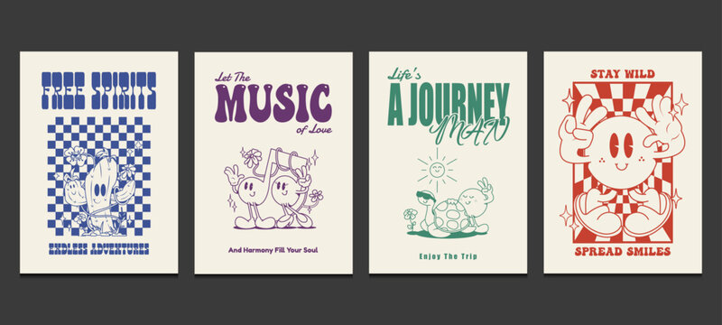 groovy 70s posters or t-shirt graphics printed with a retro cartoon character, vector illustration