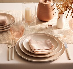 Wall Mural - a table setting with plates, uts and napkins on top of the place setting is set in neutral tones