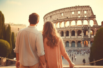 Wall Mural - Travel, vacation, romance concept. Young couple traveling and walking in Rome, Italy. Colosseum in background. Man and woman view from behind. Summer background. Generative AI