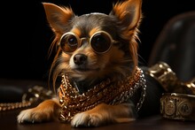 A Close-up Portrait Of A Cool Looking Small Long Hair Black Chihuahua Dog Wearing Hip-hip Trendy Chains And Round Sunglasses