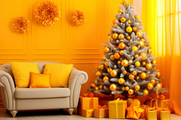 Beautiful living room with yellow wall and Christmas tree with yellow decor and gifts 