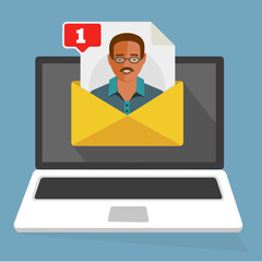Poster - Laptop con busta e documento messaggio allerta 1 uomo donna avatar icona persona con contratto o modulo iscrizione sullo schermo. posta elettronica. Illustrazione piatta - illustrazioni
