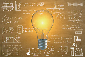Wall Mural - Creative glowing light bulb on chalkboard wall background with mathematical formulas. Science, idea and education background. 3D Rendering.