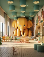 Canvas Print - an elephant's head in the middle of a child's playroom with chairs, tables and stools