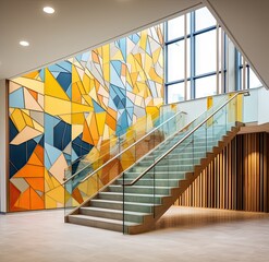 Canvas Print - some stairs with colorful mosaic tiles on the wall and glass railings in an office building stock photo - images