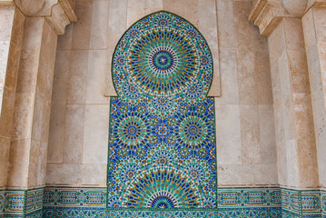 Casablanca, Morocco - Feb 26, 2023: Exterior architecture of the Hassan II Mosque, the largest mosque in Africa