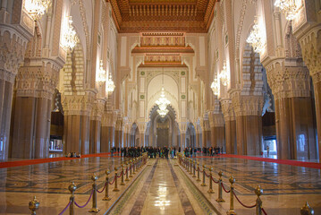 Casablanca, Morocco - Feb 26, 2023: Interior of the Hassan II Mosque, the largest mosque in Africa